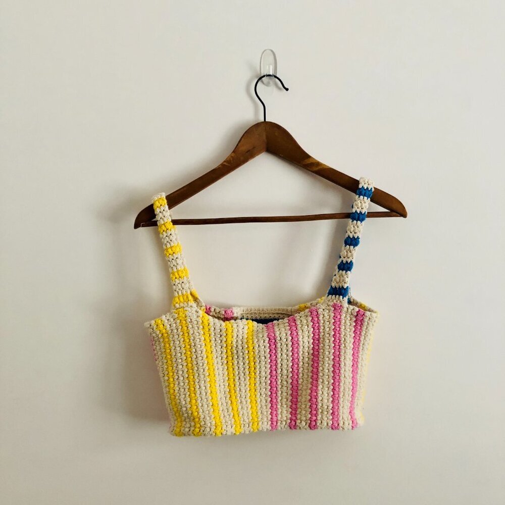 NWOT ZARA Striped Crochet Knit Crop Top Multicolor Boho Festival Cotton Size M - Picture 3 of 8